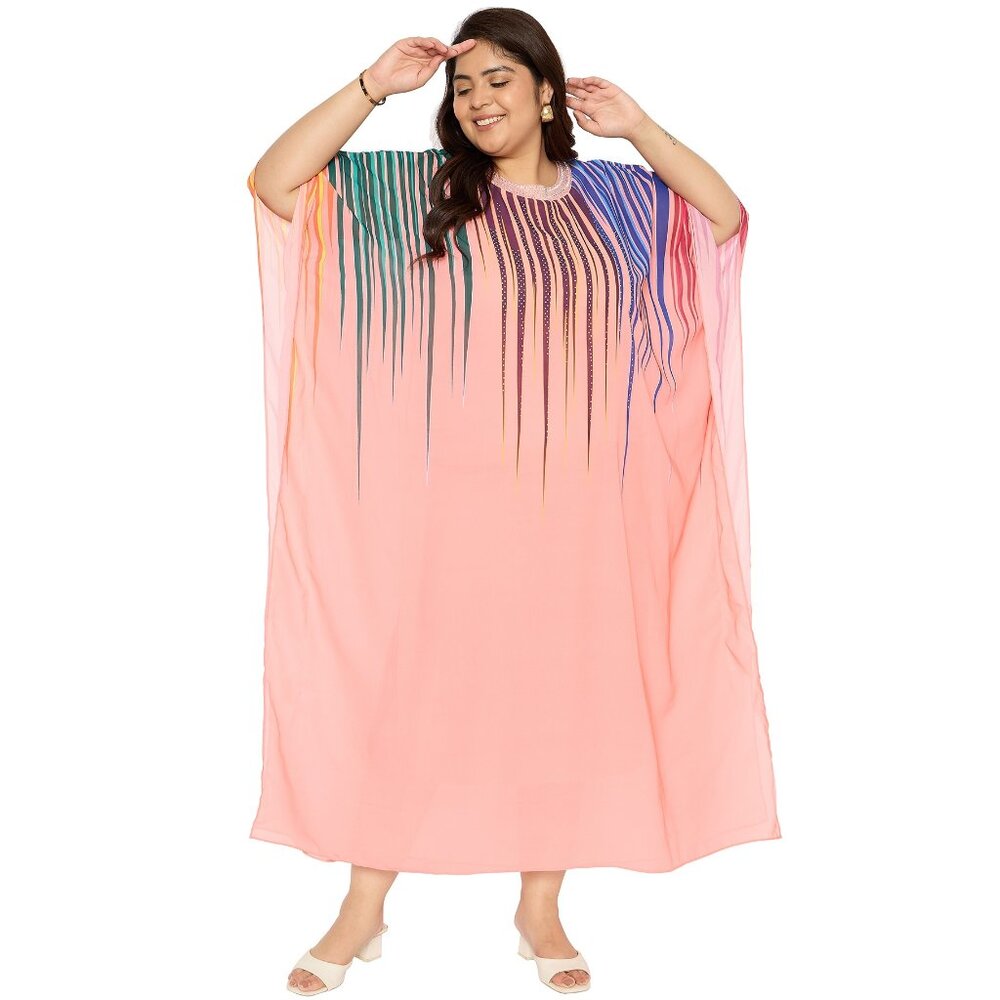 Plus Size Georgette Caftan Dress Rhinestone Round Neck Maxi Dresses for Lounge
